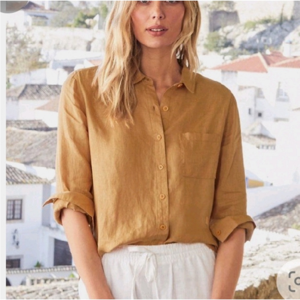 Garnet Hill Mustard Button-Down Linen Shirt